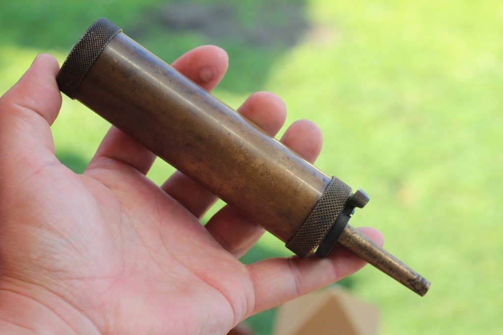 A powder flask: you must have a few of them for sure, but the volume of the measured charge can change depending on how much powder you have in the flask and hard you push your finger on the spout.